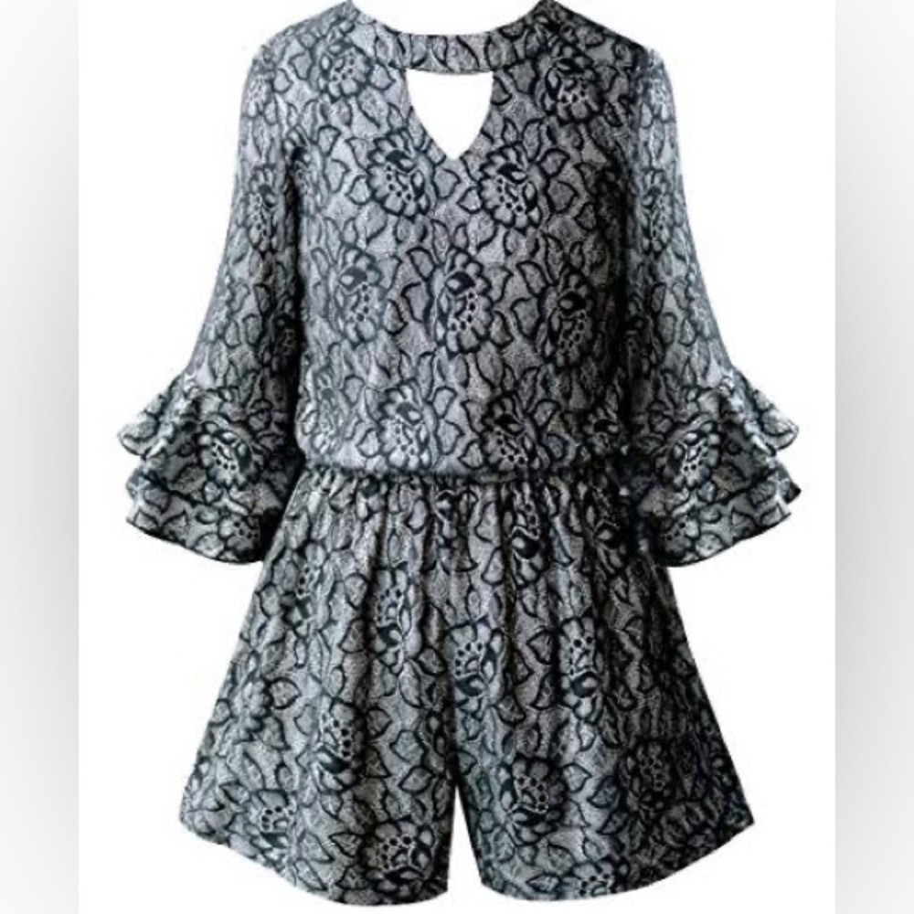 Girls silver glitter and black floral lace design romper shorts play suit